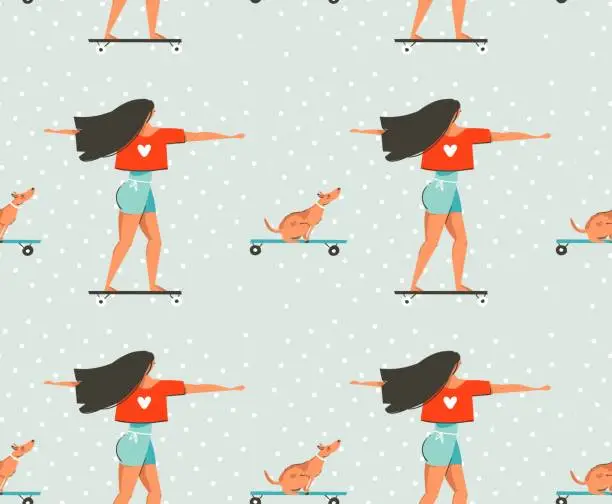 Vector illustration of Hand drawn vector cartoon drawing summer time fun seamless pattern illustration with young girl riding on longboard and dog on skateboard isolated on blue background
