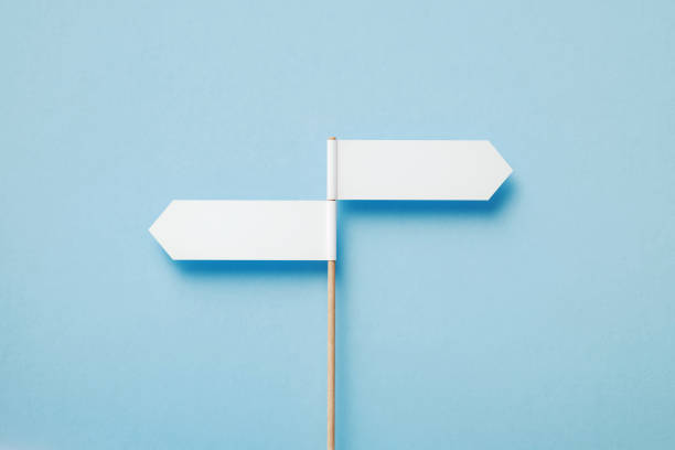 istock Directional Signs Pointing Opposite Directions Over Blue Background 1389646934