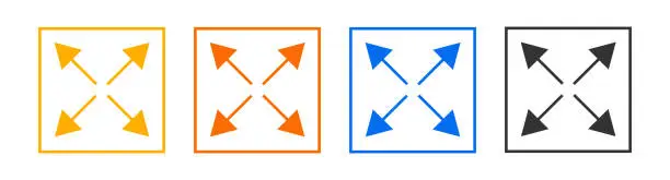 Vector illustration of Full screen icon. Yellow, orang, blue, black extend size mark symbol. Sign maximize vector.