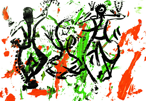 Painting with mixed media with abstract lines paints, abstract silhouettes dancing girls in an Indian costume, freehand lines