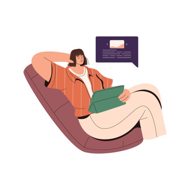 расслабленная женщина читает онлайн с планшетного пк. молодой человек сидит в кресле, занимается серфингом в интернете, отдыхает в свободн� - young women computer digital tablet white background stock illustrations