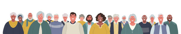 grupa różnorodnych uśmiechniętych osób starszych. płaska ilustracja wektorowa. - mature adult stock illustrations
