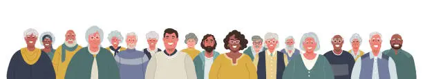 Vector illustration of Group of diverse smiling elderly people.Vector flat illustration.