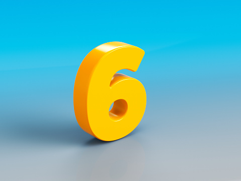 Orange-colored number six. On grayish-blue colored background. Horizontal composition with copy space. Focused image.