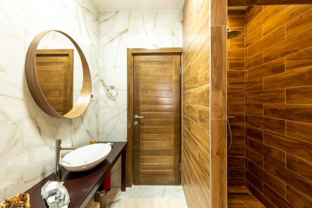 istock Interior of a brown tiled bathroom 1389652340