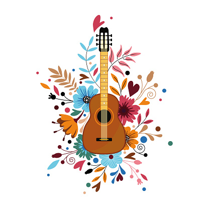 Flower guitar. Music image concept. Acoustic guitar with lots of flowers and twigs with leaves in a simple flat style. Vector illustration isolated on a white background for design and web.