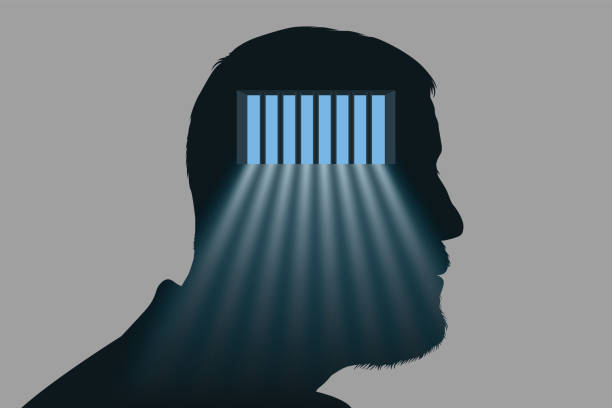 symbol der depression mit dem gehirn eingesperrt ein mann. - prison cell illustrations stock-grafiken, -clipart, -cartoons und -symbole