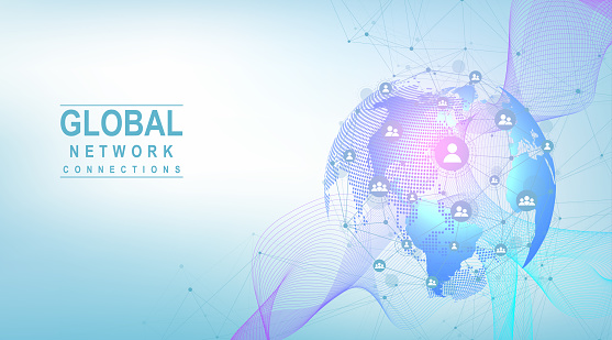 Business global network connection. World map point and line composition concept of global business. Global internet technology. Big data visualization. Vector illustration