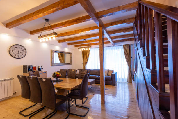 istock Open plan apartment interior in mountain house 1389654528