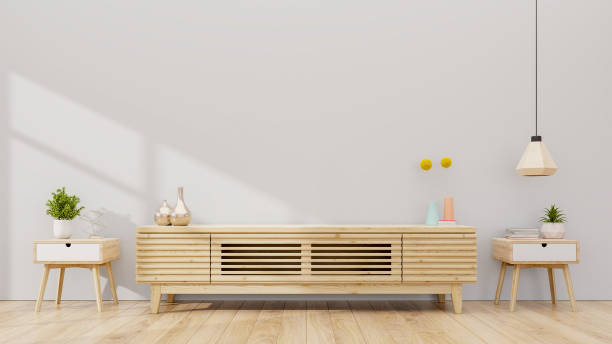 istock Cabinet for tv interior wall mockup on white wall,minimal design. 1389654856