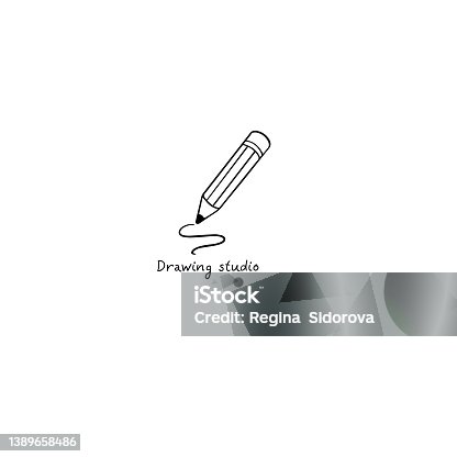 istock Hand drawing pencil logo for studio. Black and white logo doodle style. 1389658486
