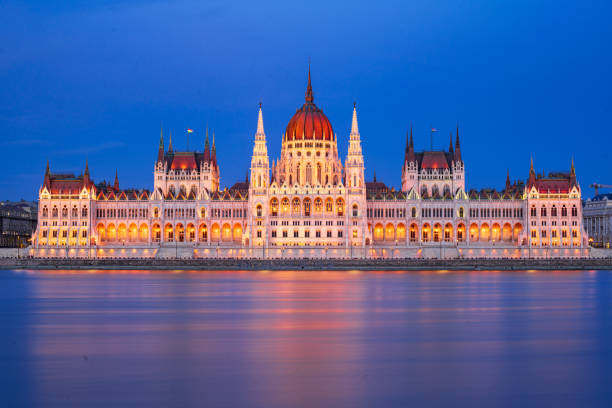A long exposure photo of Budapest Parliament are the blue hour