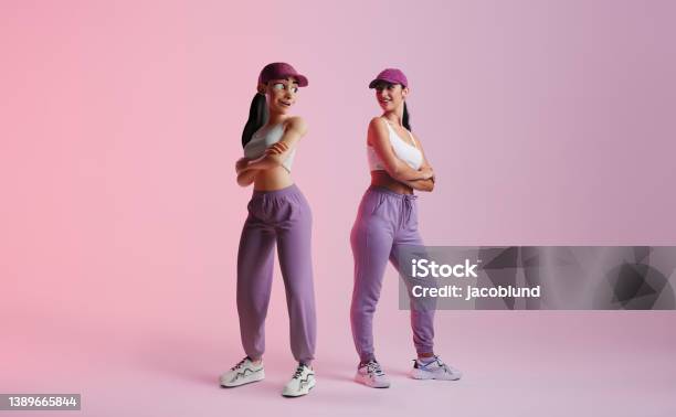 Happy Young Woman Standing Next To Her Metaverse Avatar Stock Photo - Download Image Now