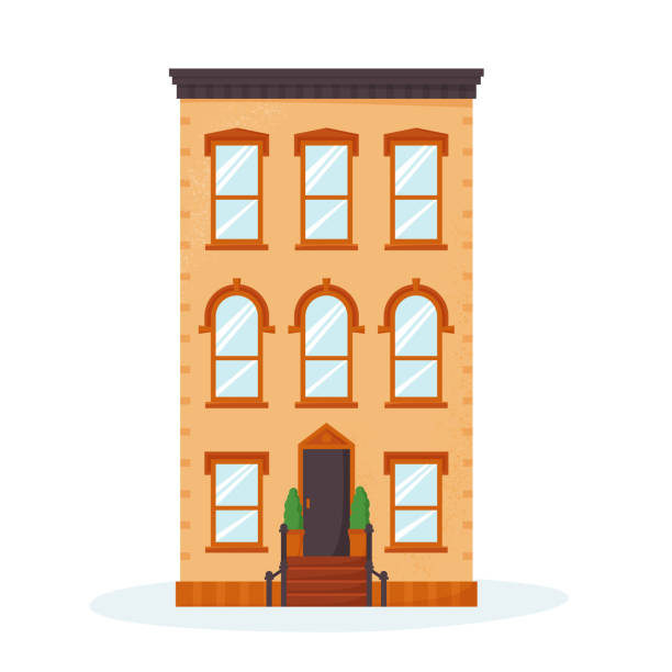 ilustraciones, imágenes clip art, dibujos animados e iconos de stock de fachada de la casa de la ciudad de nueva york. vista frontal de un edificio de ladrillo anticuado en manhattan o en brooklyn. bonito exterior de barrio americano. vector de estilo plano - piedra caliza