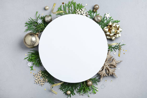 istock Flat lay composition with Christmas decor and blank card on light grey background. Space for text 1389666643