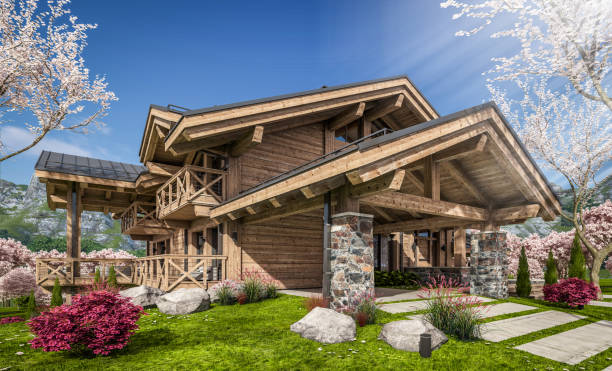 istock 3d rendering of modern cozy chalet in spring day 1389668486
