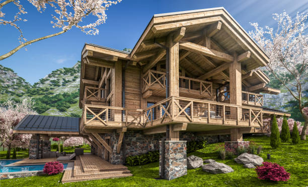 istock 3d rendering of modern cozy chalet in spring day 1389668520