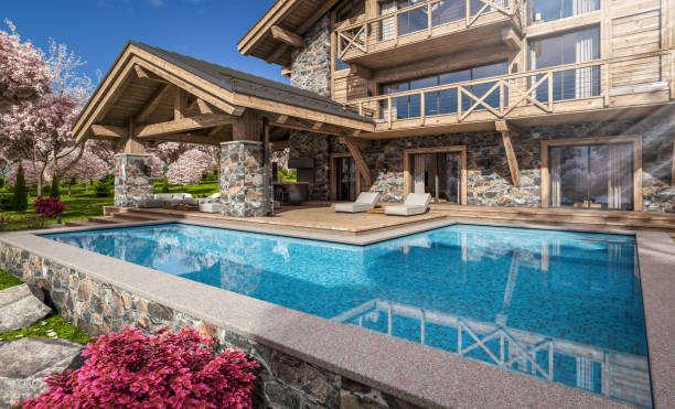 istock 3d rendering of modern cozy chalet in spring day 1389668624