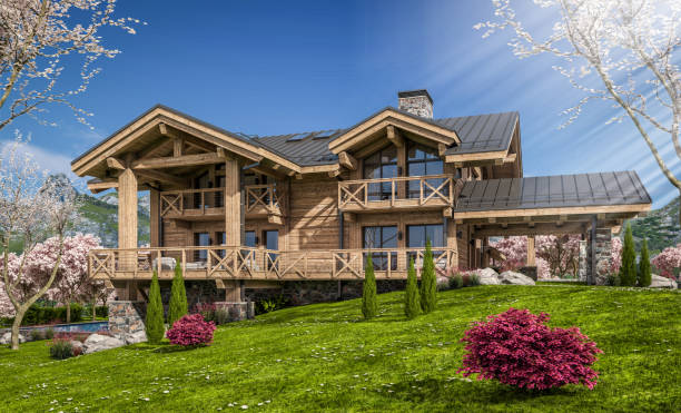 istock 3d rendering of modern cozy chalet in spring day 1389668671