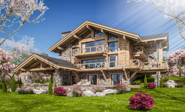 istock 3d rendering of modern cozy chalet in spring day 1389668730
