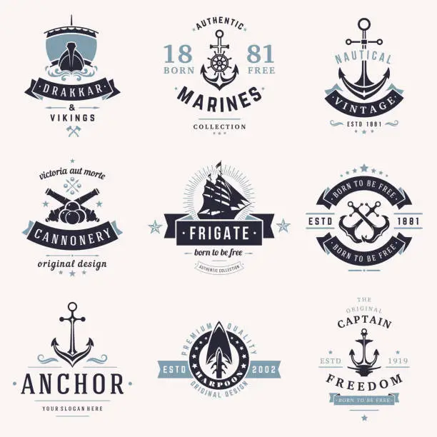 Vector illustration of Collection nautical vintage logo place for text vector illustration. Set retro monochrome emblem