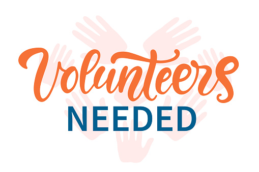 Volunteers needed hand written lettering background with hands heart shape. Volunteering service sign. Charity work symbol. Modern calligraphy