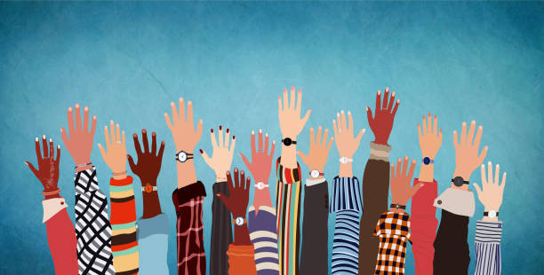 Group raised human arms and hands.Diversity multiethnic people. Racial equality. Men and women of diverse culture and nations. Coexistence harmony. Multicultural community. Copy space Possible use to express the concept of equality between multiethnic and multiracial people. Unity and solidarity between people of different cultures. Concept of activist and protest movement. Friendship, solidarity, tolerance and brotherhood among peoples. International and multicultural society and population. Cooperation between communities. Anti-racism protest. Volunteer concept racial equality stock pictures, royalty-free photos & images