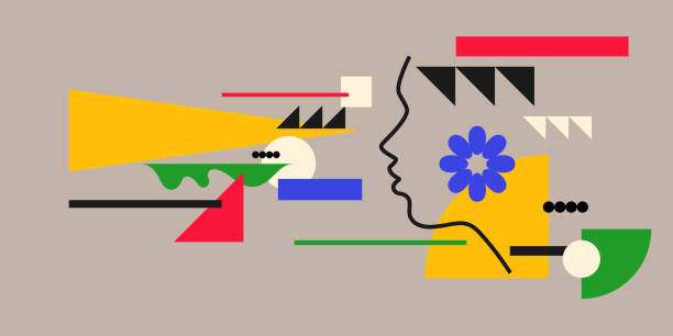 istock Modern geometric composition of various shapes.Background in the trend chart. Portrait of a young girl. 1389670378
