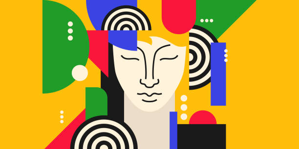 istock Modern geometric composition of various shapes.Background in the trend chart. Portrait of a young girl. 1389670385