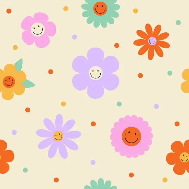 Vector illustration of Seamless vector pattern with colorful groovy flowers