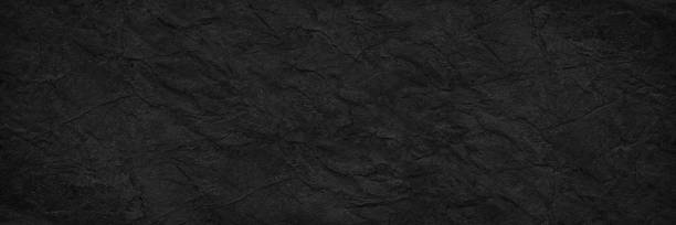 Abstract black background. Wide banner. Dark rock surface texture. Close-up. Stone rough background