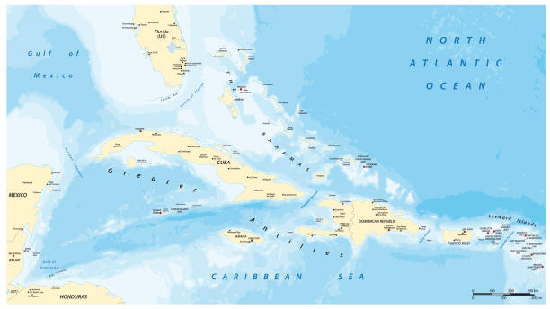 ilustraciones, imágenes clip art, dibujos animados e iconos de stock de mapa vectorial político de las antillas mayores con etiquetado en inglés - us virgin islands