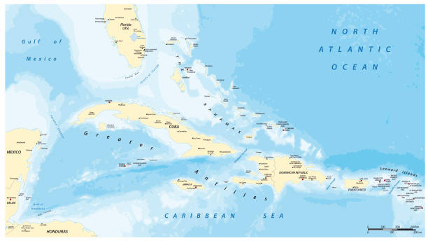 illustrazioni stock, clip art, cartoni animati e icone di tendenza di mappa vettoriale politica delle grandi antille con etichettatura inglese - us virgin islands