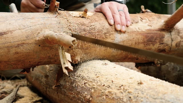 Using a hand saw to cut a piece of wood the old way stock video