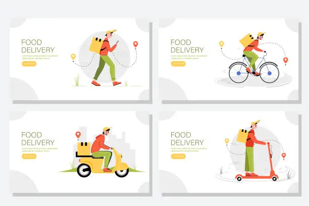 Vector illustration of Food delivery web banners set. Online delivery concept. Template with a walking courier, courier on a bike, on a scooter, on a motorbike. Vector illustration in cartoon style.