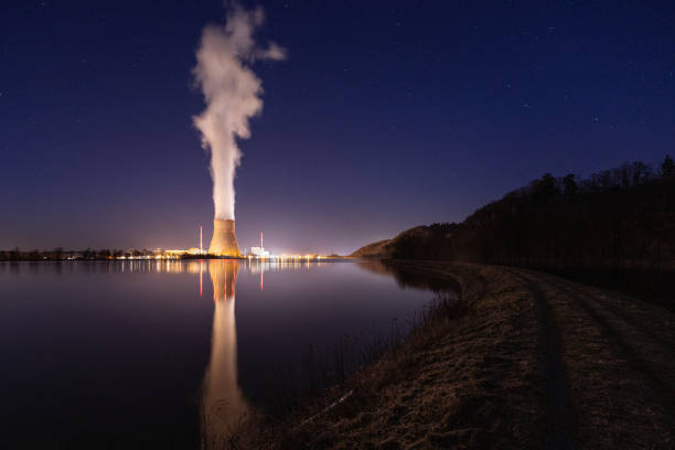 Nuclear power plant Isar near Landshut, Bavaria, Germany in the evening