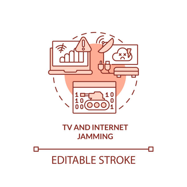 TV and internet jamming red concept icon TV and internet jamming red concept icon. Form of information warfare abstract idea thin line illustration. Isolated outline drawing. Editable stroke. Arial, Myriad Pro-Bold fonts used sabotage icon stock illustrations