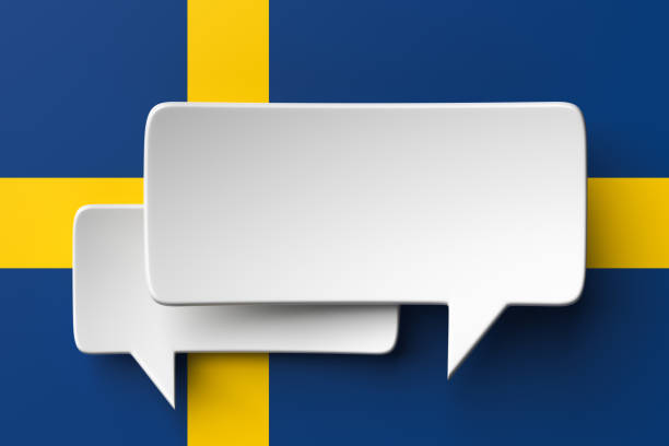 Social media notification icons, white bubble speech on the background of the flag of Sweden. stock photo