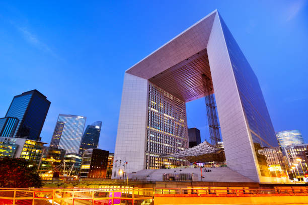 Paris, France - 10 26 2013: Detail of the inscription on the monument at the Great Ark with the words of its architect Otto Von Spreckelsen, the square in the La Defense district in the background