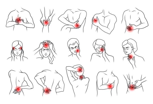 schmerzen im menschlichen körper. nacken muskel kopf und gelenke schmerzhafte symptome. menschen linien figuren mit schmerzlokalisierung. beschwerden in knien und ellbogen kopfschmerzen und rückenschmerzen. vektorverletzungen set - head and shoulders stock-grafiken, -clipart, -cartoons und -symbole