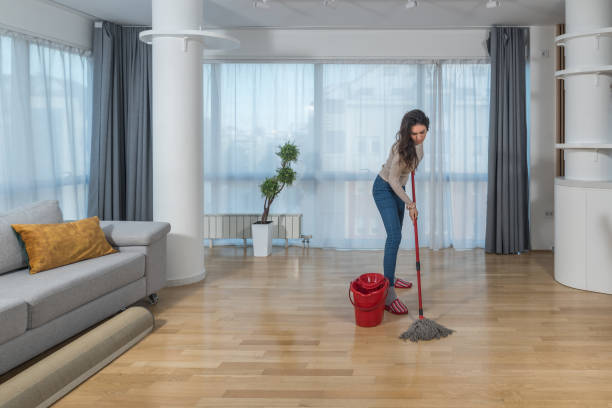 Young woman cleaning her apartment floor with mop and wet wipe. Female doing housework and maintaining hygiene of clean home to remove dust and dirt. stock photo