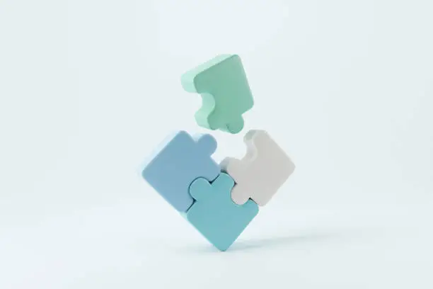 Symbol of teamwork, Jigsaw puzzle connecting, cooperation, partnership. 3d render. Business concept.