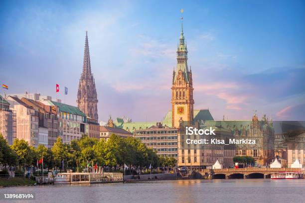 Hamburg Rathaus And Alster Lake Germany Stock Photo - Download Image Now - Hamburg - Germany, Town Hall - Government Building, Urban Skyline