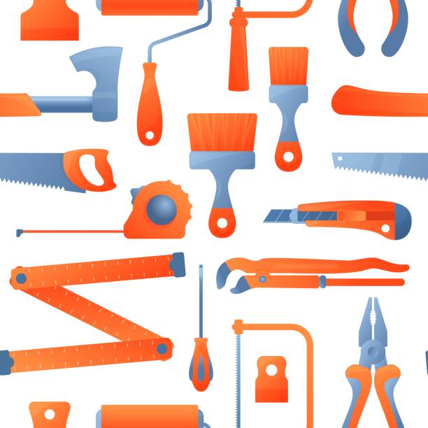 ilustrações de stock, clip art, desenhos animados e ícones de vector seamless pattern with repair working tools. cartoon hardware tools texture background. vector illustration equipment for home repair, renovation, building and construction. hand work tools. - home decorating nail screw spanner