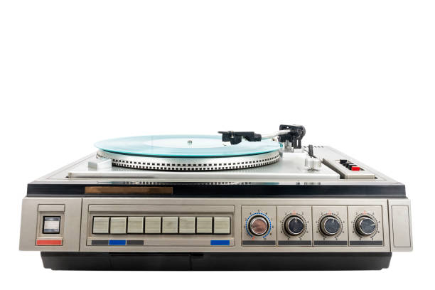 istock Vintage turntable record player with turquoise vinyl 1389683189