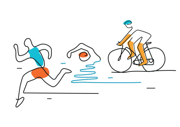 ilustraciones, imágenes clip art, dibujos animados e iconos de stock de triatlón ciclismo natación, line art. - triathlon sport symbol swimming