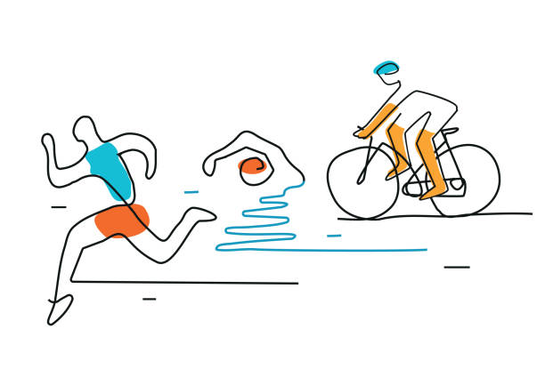 트라이 애슬론 사이클링 수영, 라인 아트. - triathlon sport symbol swimming stock illustrations