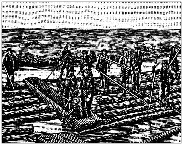 illustrazioni stock, clip art, cartoni animati e icone di tendenza di illustrazione antica di punti di riferimento e aziende di stati uniti, michigan: industria del legname - wooden raft illustrations