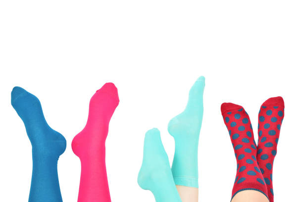 istock Woman in red socks isolated on white background. Top view. 1389683761
