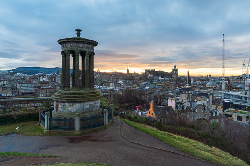 Historic Edinburgh taken from Calton hill at dusk Edinburgh Scotland United Kingdom